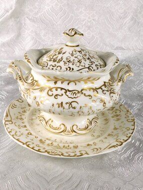 Unmarked White and Gold Footed Serving Bowl with Lid and Underplate # 27474